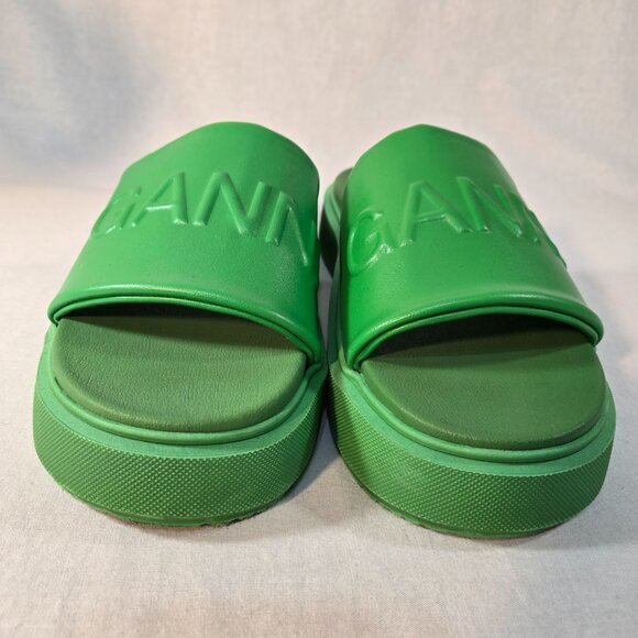 GANNI Green Vegea Slides Embossed Logo Slip-On Flat Platform Sandals Size 8.5/9. - Picture 9 of 16